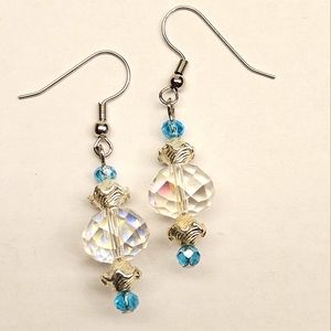 Handmade Earrings Clear AB and Blue Glass Beaded Earrings